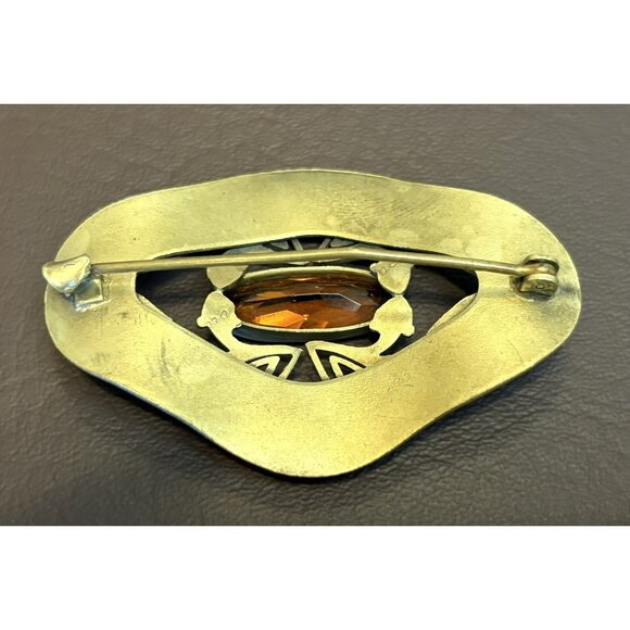 Antique ART NOUVEAU DECO Yellow Czech Glass Brass Sash Pin BROOCH Vintage - Picture 5 of 7